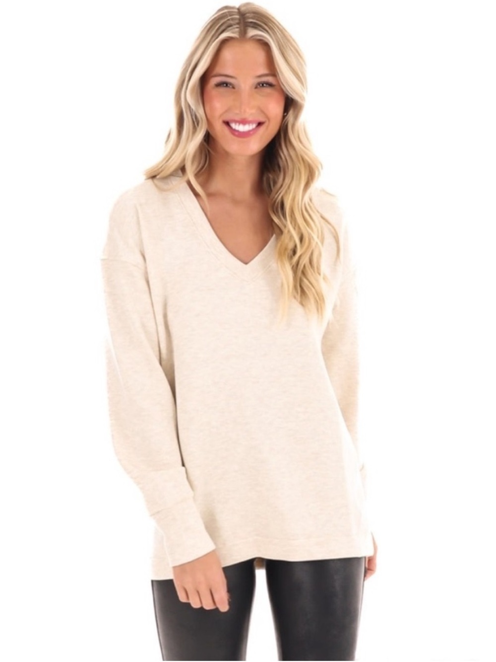 Spanx AirEssentials Heathered Cream Brushed Tunic V-Neck Sweatshirt Top Medium